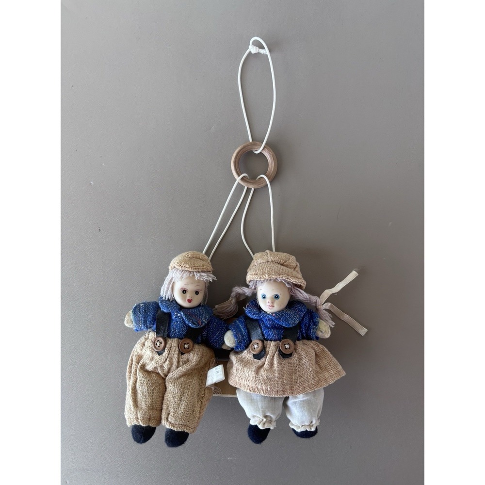 Porcelain Face Cloth Body 5" Dolls On Wooden Swing Boy Girl Hanging